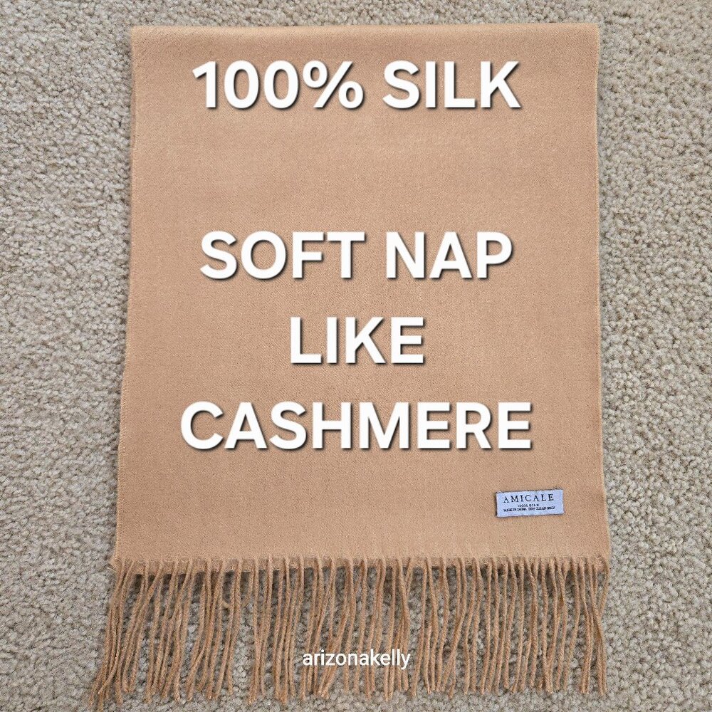 NWOT Amicale 100% Silk Scarf Soft Nap Like Cashmere Camel Tan